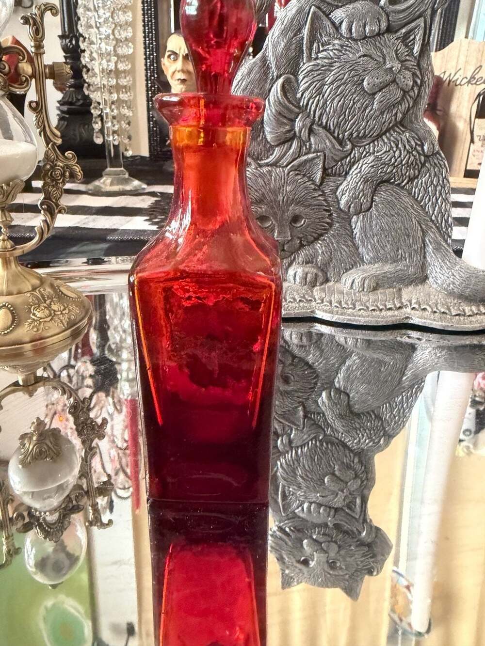 Small Vintage Ruby Red Glass Decanter With Stopper